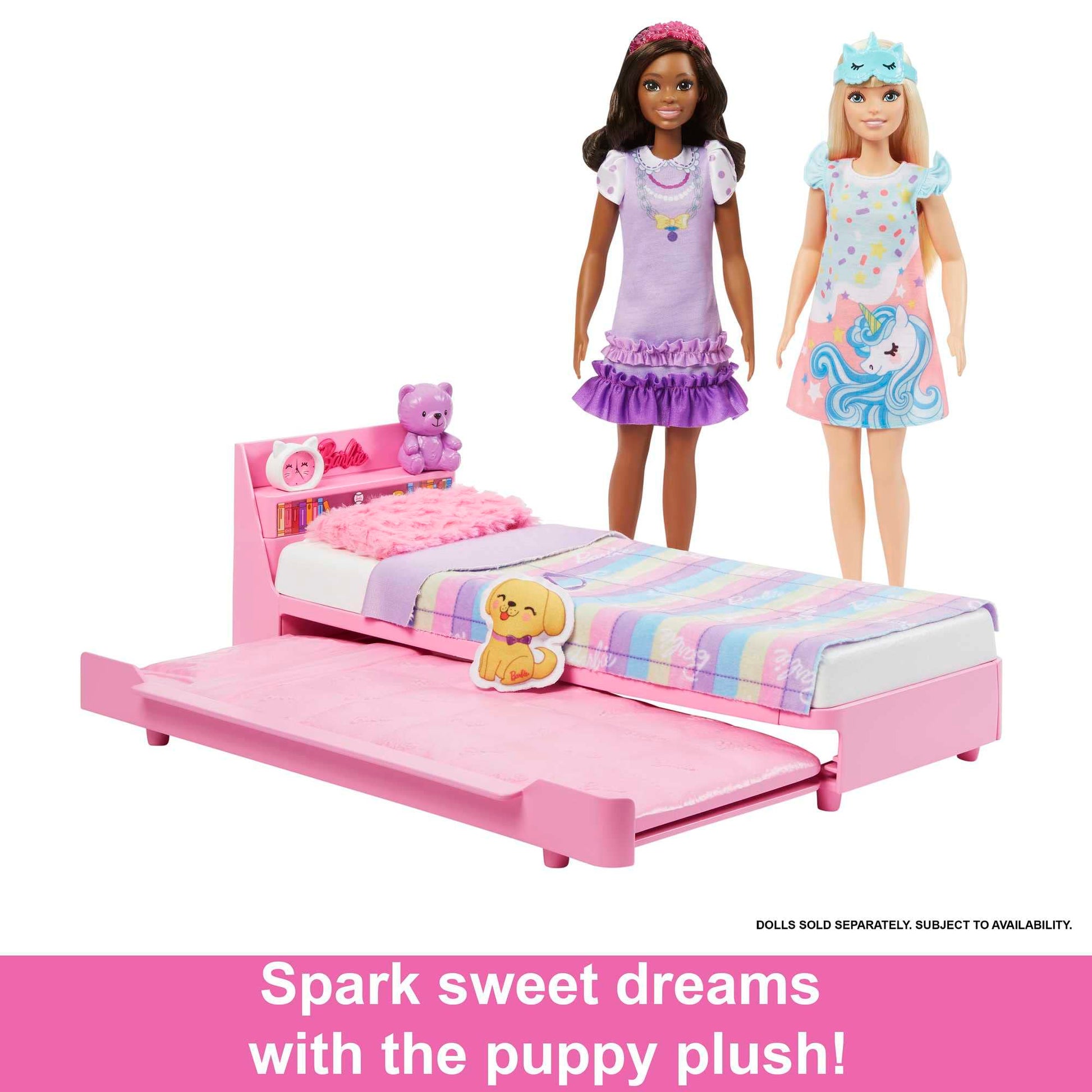 Barbie Bedtime Playset with trundle bed, plush puppy, and accessories for preschoolers aged 3 and up.