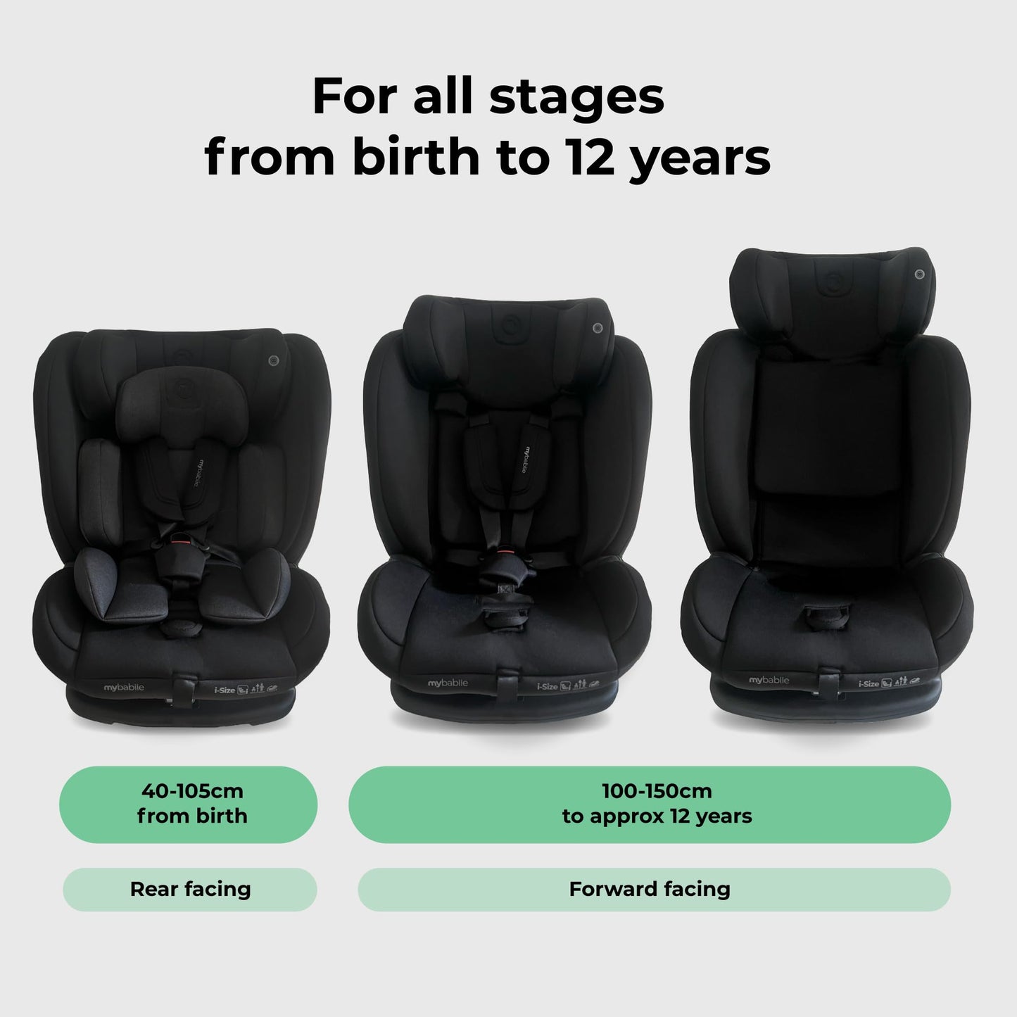 My Babiie MBCS100 2-in-1 Convertible R129 Child Car Seat - Belted, 40-150cm (Approx. Birth - 12 Years, 0-36kg), i-Size, Group 0+1/2/3, Adjustable - Black