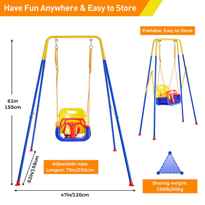 FUNLIO 3-in-1 Swing Set for Toddler with 4 Sandbags, Heavy-Duty Kid Swing Set with Safety Harness, for Backyard, Indoor/Outdoor Play, Folding Metal Stand & Clear Instruction, Easy to Assemble & Store