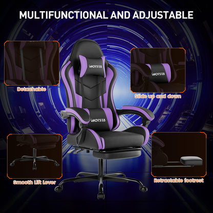 WOTSTA ergonomic gaming chair with footrest, lumbar support, headrest, height adjustment, 360° swivel, black purple color.