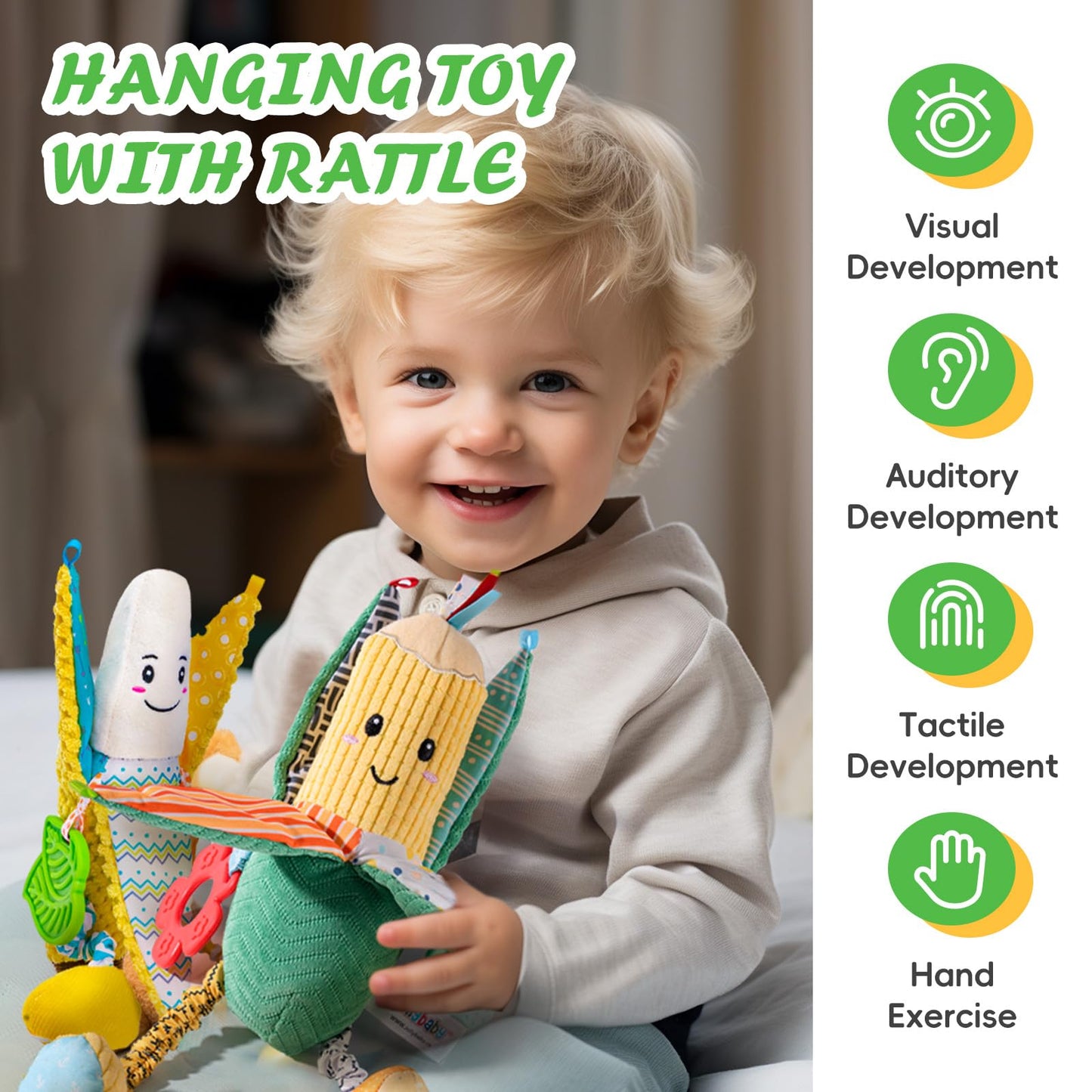 Jollybaby baby rattles hanging toys with crinkle and teether, attached to stroller for sensory play and tummy time for infants 0-12 months.