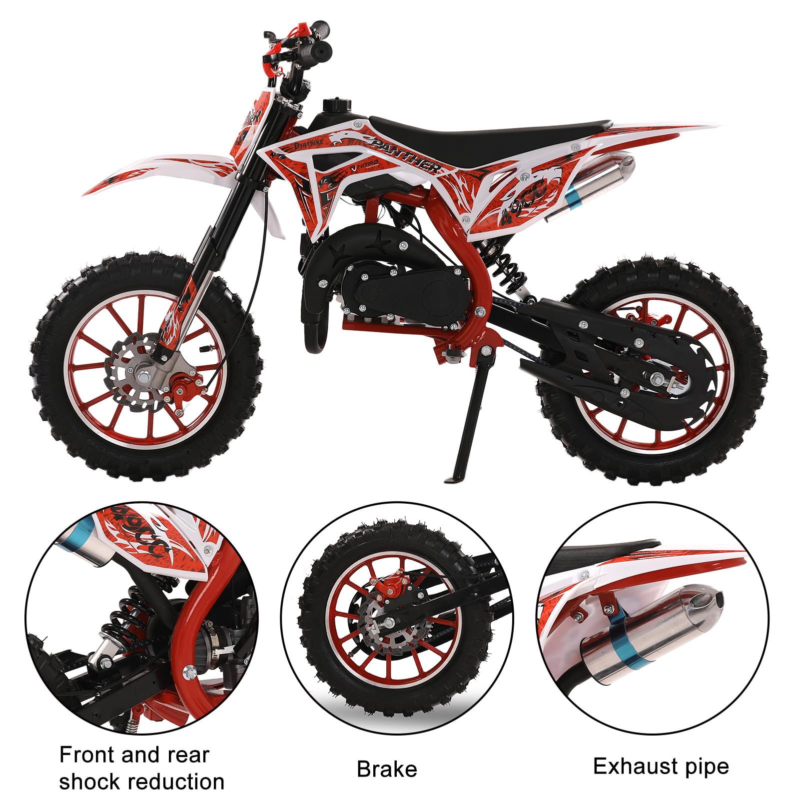 Loqifox 49cc kids dirt bike, gas-powered mini motorcycle with off-road tires, dual disc brakes, for children ages 8-12.