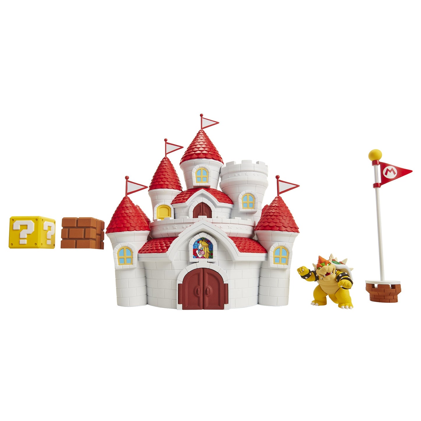 Nintendo Mushroom Kingdom Castle playset with Bowser figure, accessories, wall poster, and official Jakks Pacific licensing.