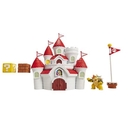 Nintendo Mushroom Kingdom Castle playset with Bowser figure, accessories, wall poster, and official Jakks Pacific licensing.