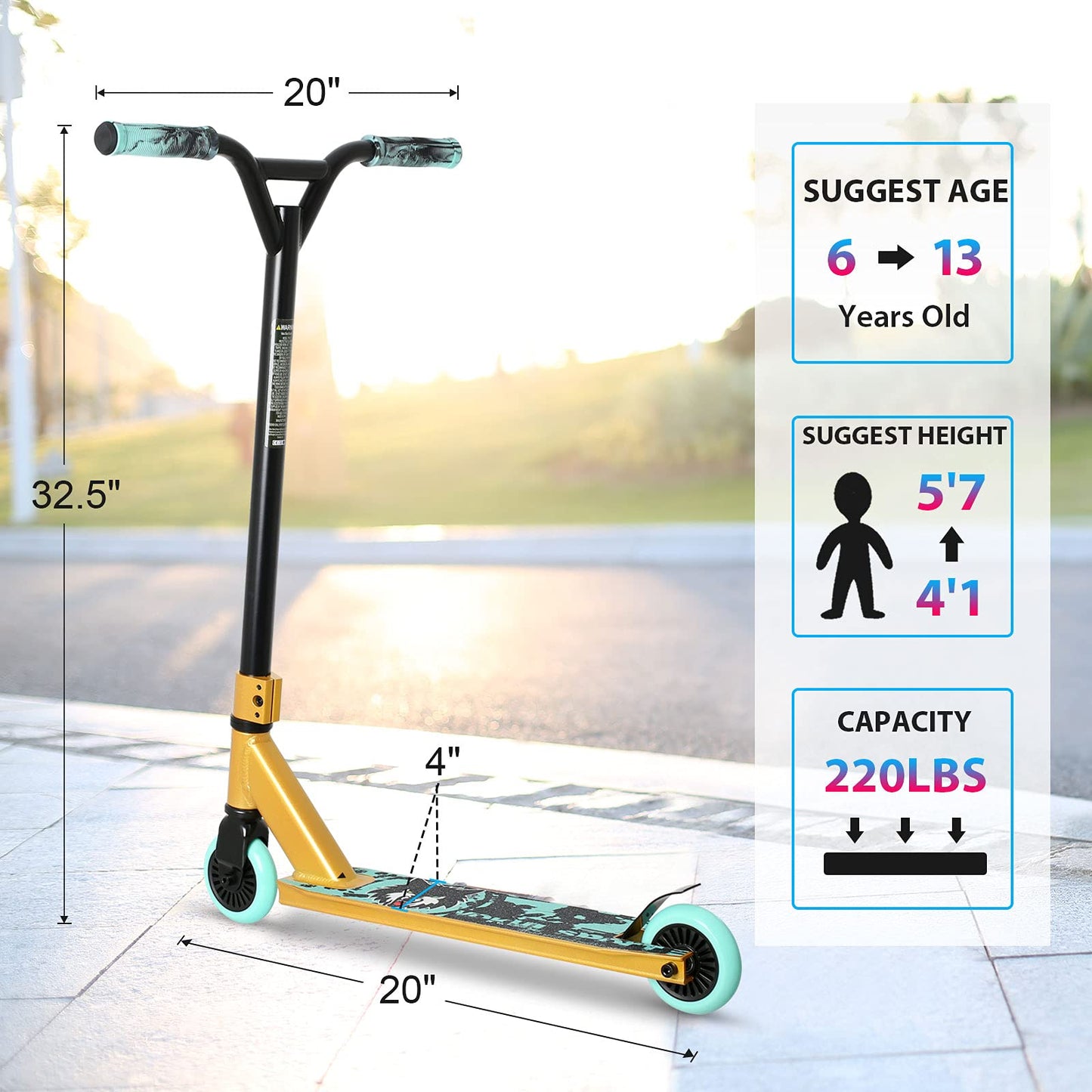 VOKUL TRII S2 Stunt Scooter - Freestyle Pro Spec 360 Degree - Tricks Scooter for Age 6+ Beginners Kids Boys Girls Teens, 20" W*32.5" H Handlebar, Reinforced Lightweight AL6061 20" L*4" W Deck