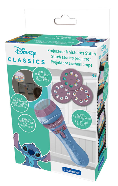 LEXIBOOK - Disney Stitch - Stories projector, torch light and projector with 3 discs, 24 images, create your own stories, LTC050D