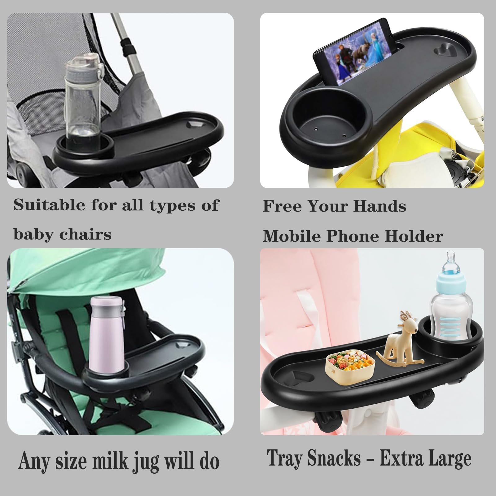 DeJivsin black 3-in-1 stroller snack tray with cup holder, adjustable buckle, for pushchair or pram accessories