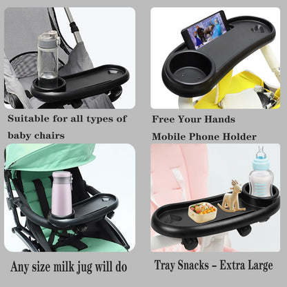 DeJivsin black 3-in-1 stroller snack tray with cup holder, adjustable buckle, for pushchair or pram accessories