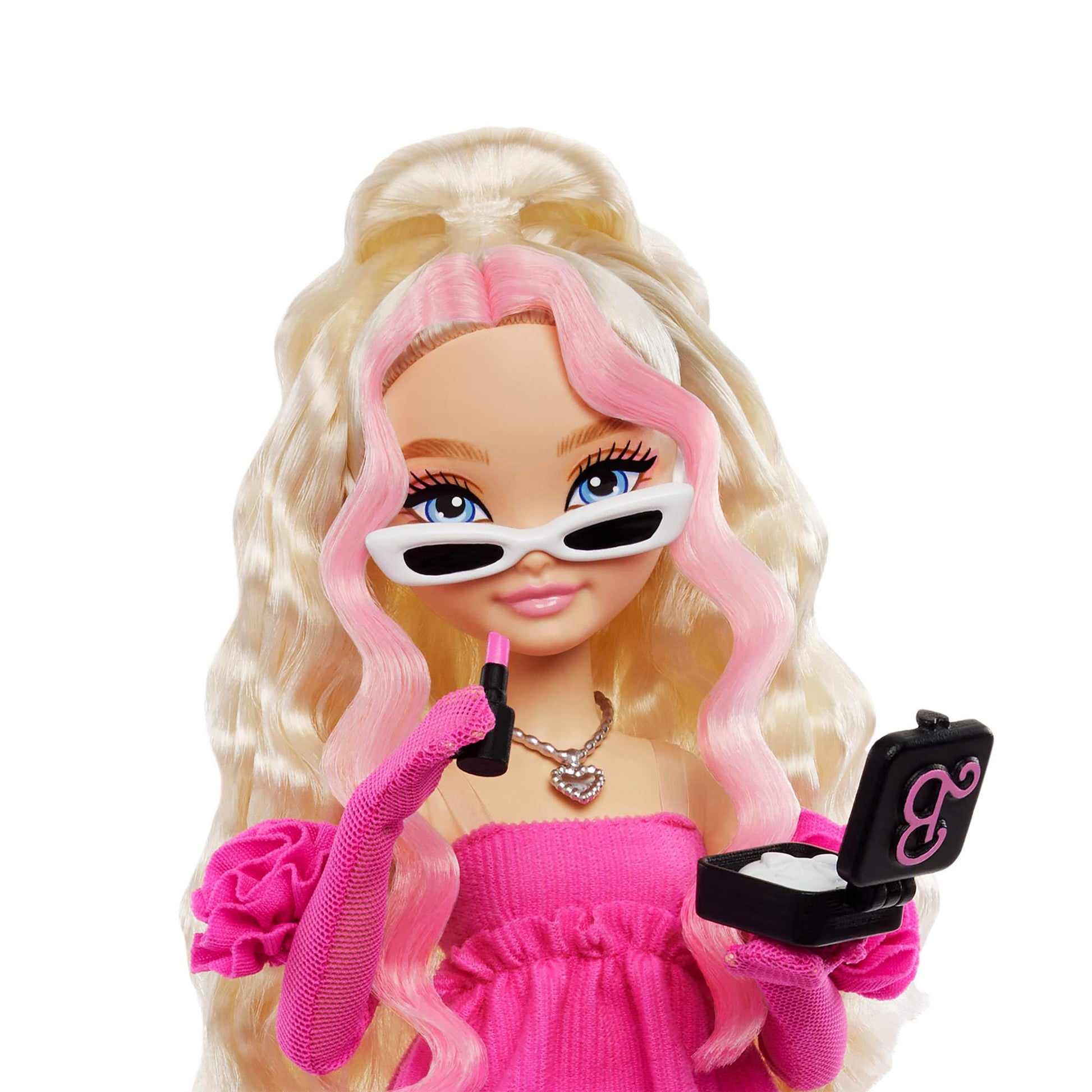 Barbie Dream Besties Playset featuring Malibu doll with wavy blonde hair and 11 makeup and hair-themed accessories.