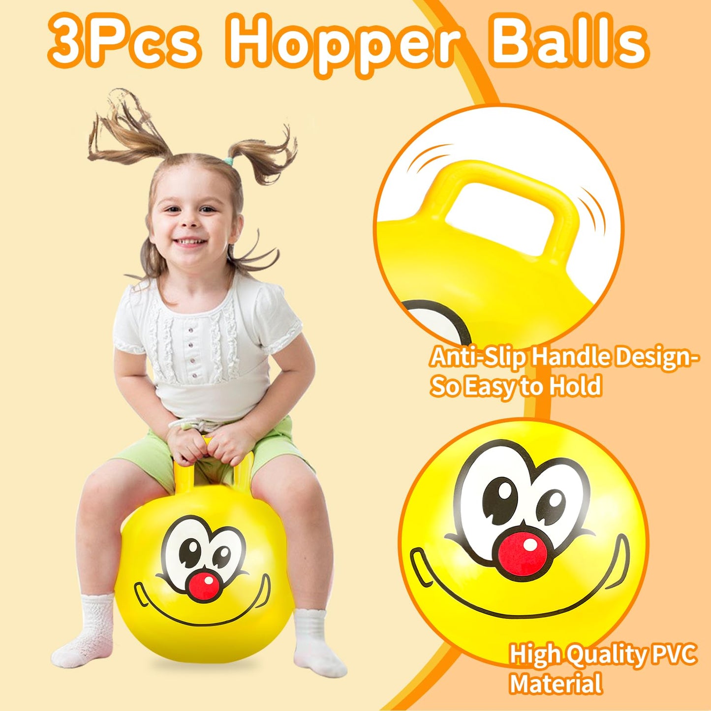 Hymaz Space Hopper for Kids Age 3-12, 3PCS Bouncy Ball 18 Inch with Handle, Inflatable Jumping Hopper Balls for Kids Outdoor Garden Party Games, Ride on Spin Toys Balance Exercise Fun