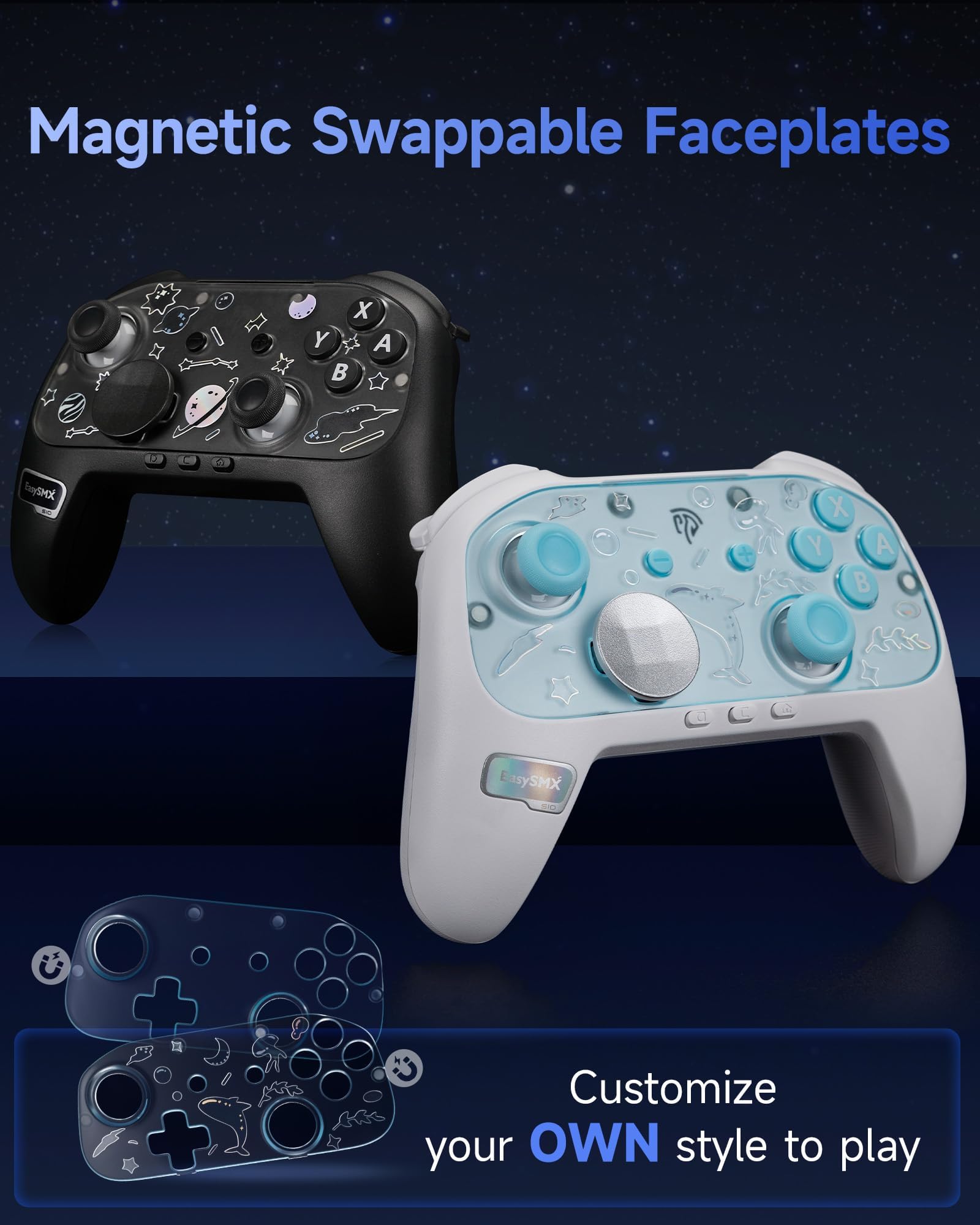 EasySMX S10 Switch and PC controller with Bluetooth, RGB lighting, swappable D-pad, anti-drift joystick, 6-axis gyro, and mechanical buttons.