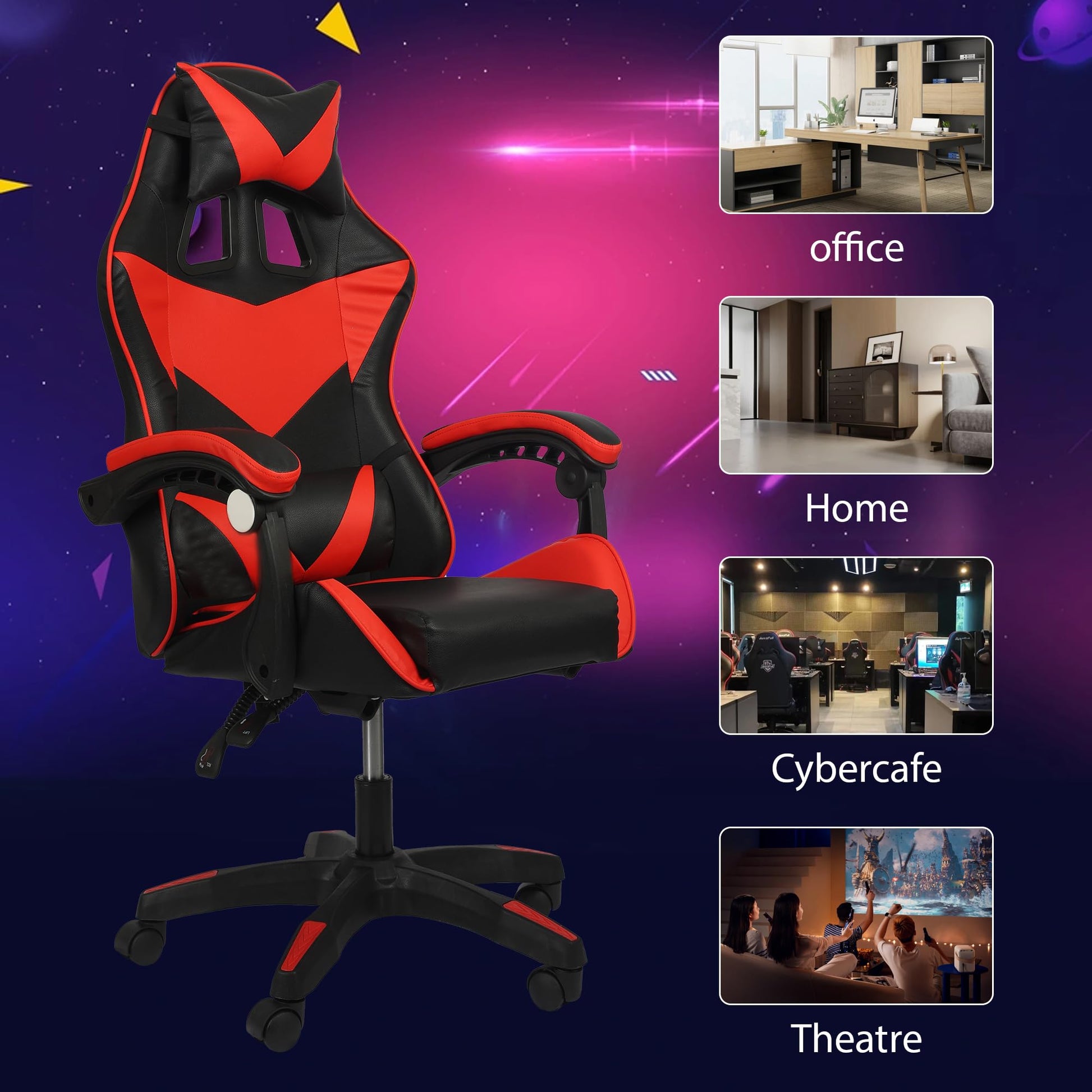 Black and red Shine Planet gaming chair with ergonomic design, lumbar support, adjustable headrest, recline feature, and tall office style.