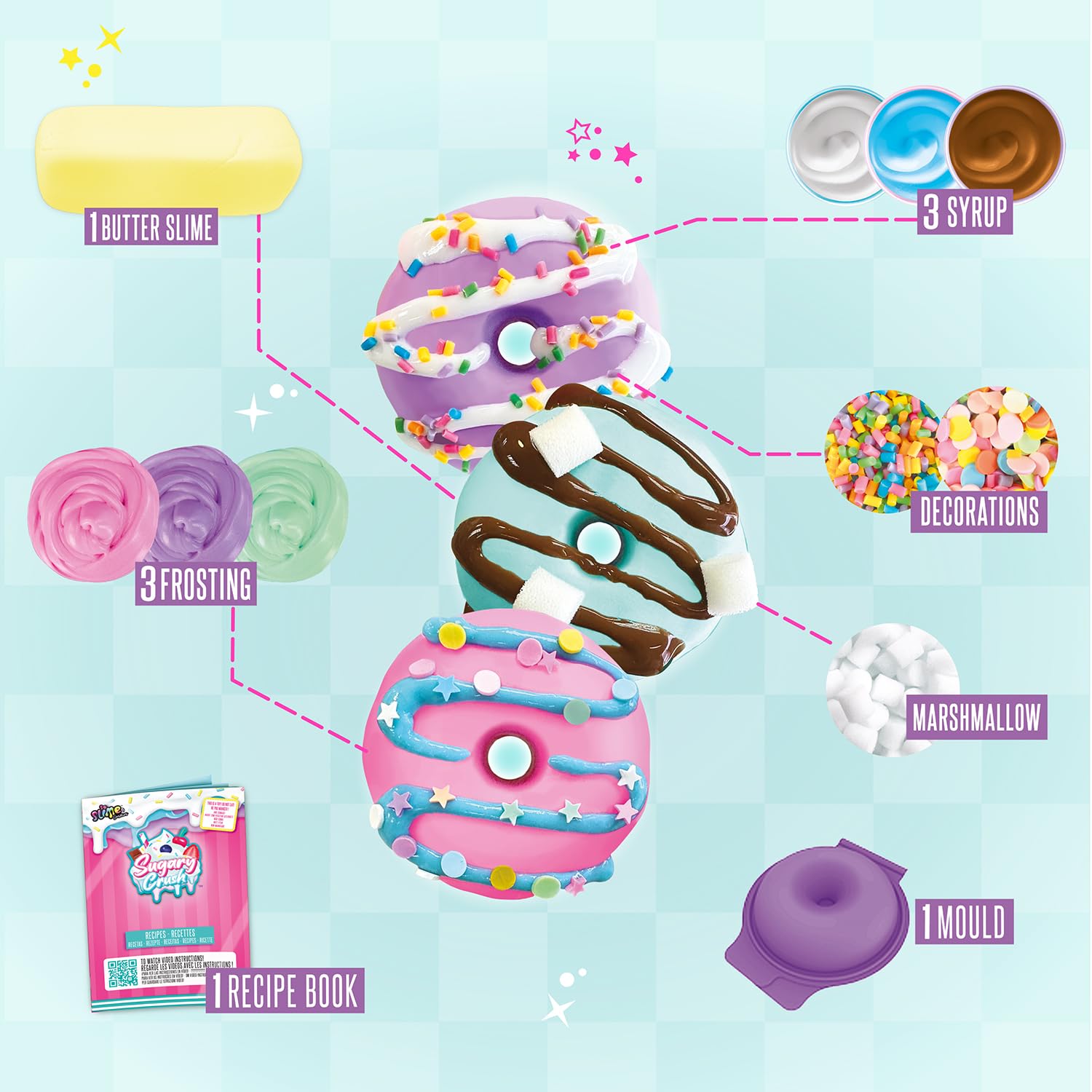 Colorful slime donuts in vibrant red and sweet shades, made with So Slime Sensations Sugary Crush Donuts kit for fun slime treats.
