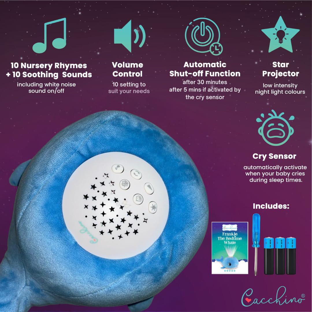 Cacchino plush whale sleep aid with cry sensor, 20 lullabies, and soothing sounds for babies, machine washable.