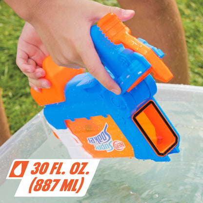 Nerf Super Soaker Flip Fill water blaster in multicolor with 887ml capacity, ideal for garden water toy fun.