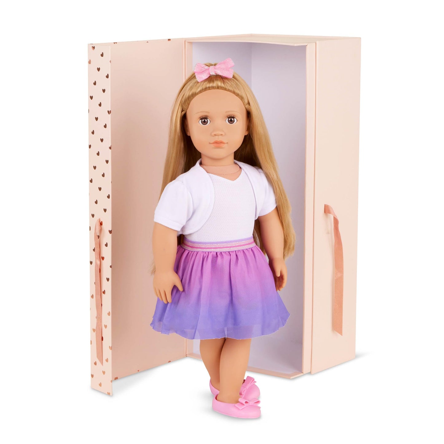 18-inch Our Generation doll Thea with blond hair, hazel eyes, bow-themed outfits, and styling accessories in a gift box.