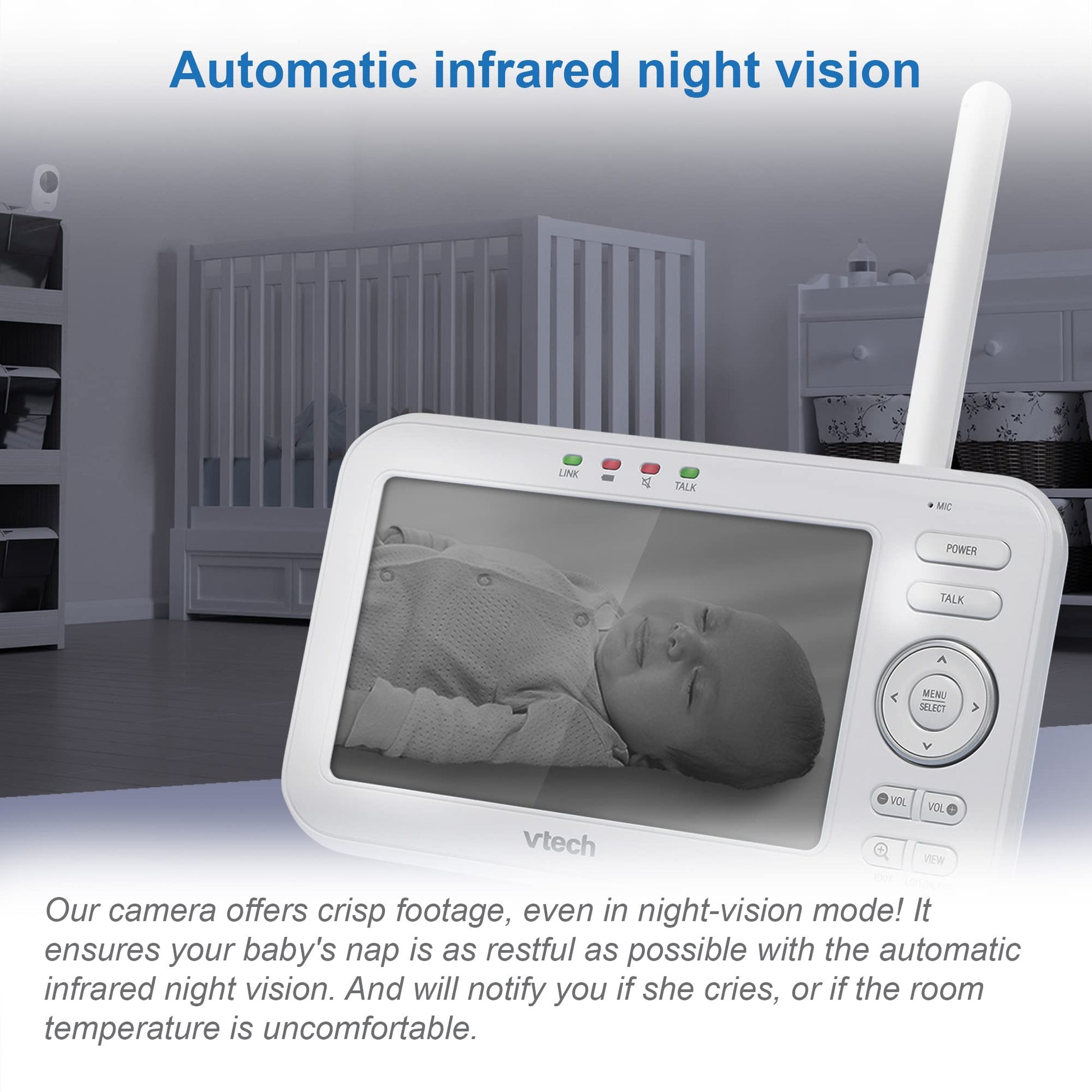 VTech LM808-1W baby monitor with camera, 5-inch screen, night vision, 2-way audio, temperature sensor, and wall-mount bracket.