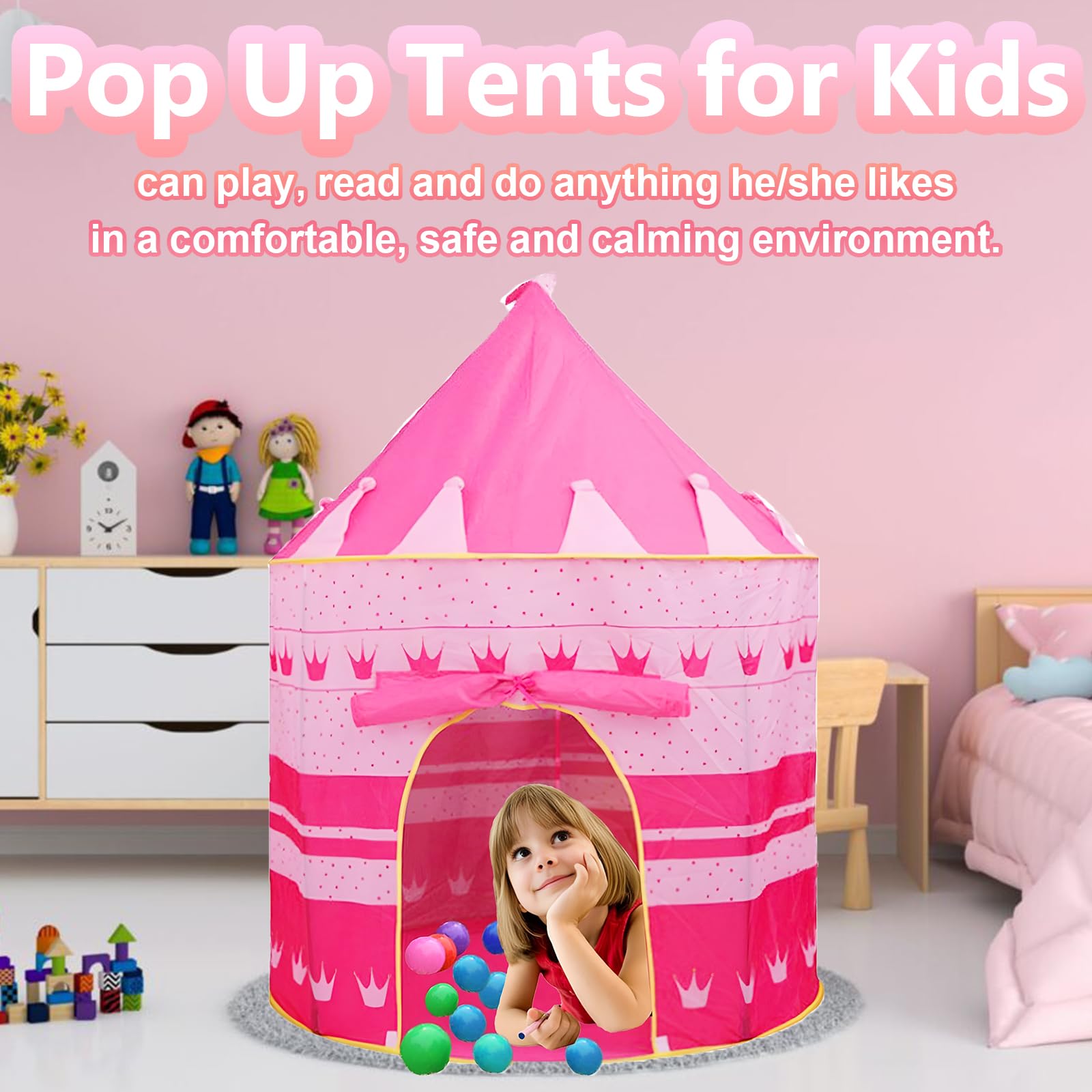 Pink princess castle teepee tent by ZQuintuplian with print cloth, portable indoor/outdoor kids play yurt with princess-themed design