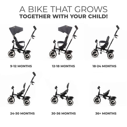 Kinderkraft Aston Tricycle in gray, featuring a parent handle, footrest, cupholder, and accessories for kids 9 months to 5 years.