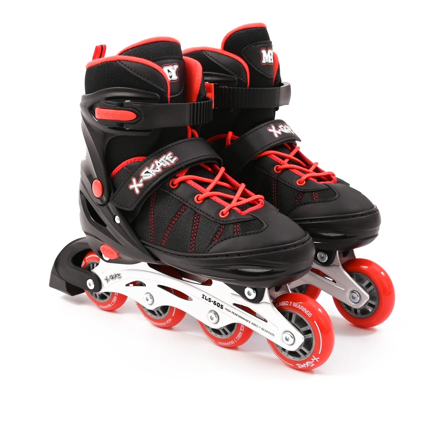 M.Y X-Skate Adjustable Red Inline Roller Skates with Built In Adjusters Kids Roller Boots for Boys & Girls - Medium