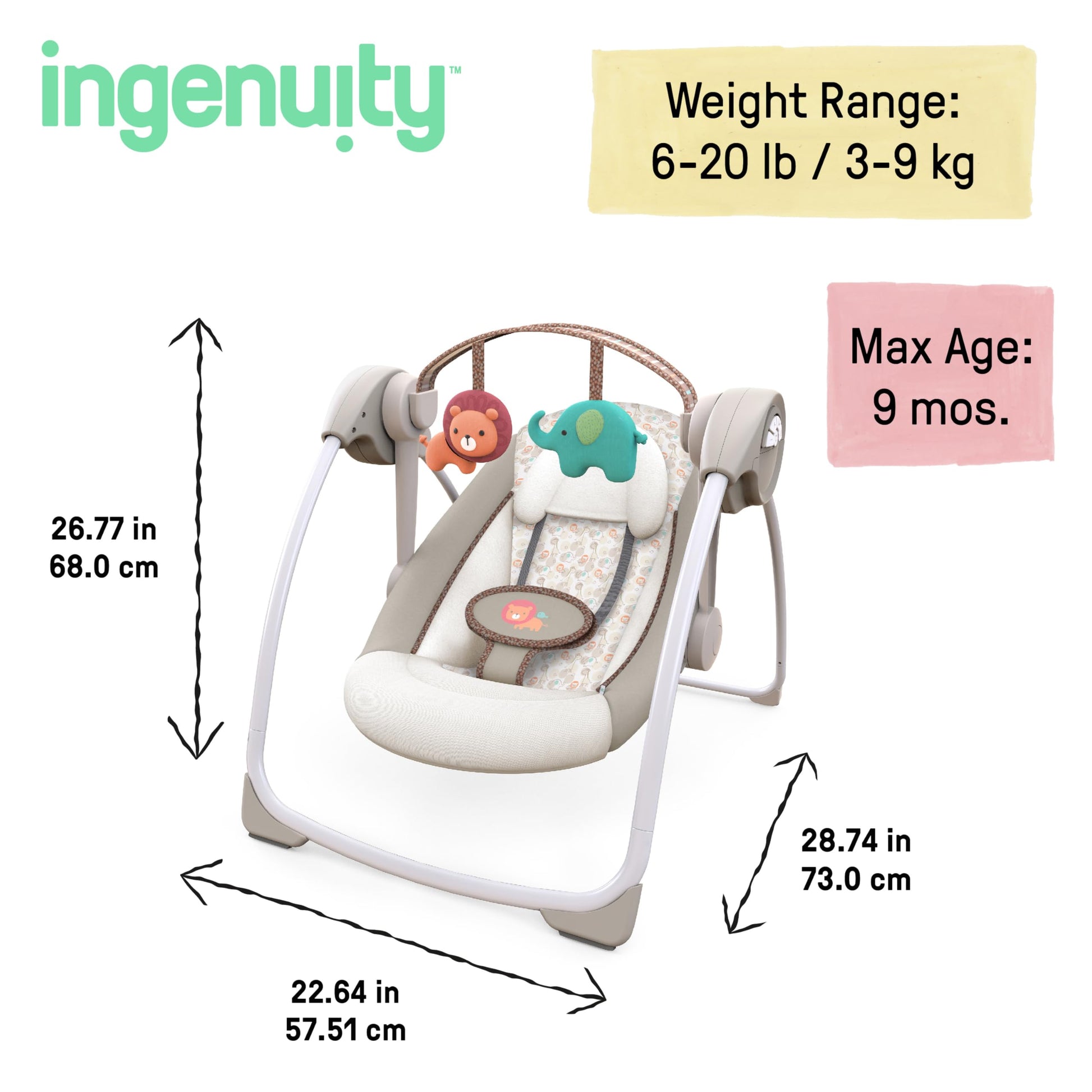 Ingenuity Soothe 'n Delight compact baby swing with music, toy bar, and foldable design for easy travel, in cozy fabric.