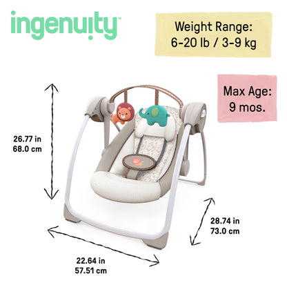 Ingenuity Soothe 'n Delight compact baby swing with music, toy bar, and foldable design for easy travel, in cozy fabric.