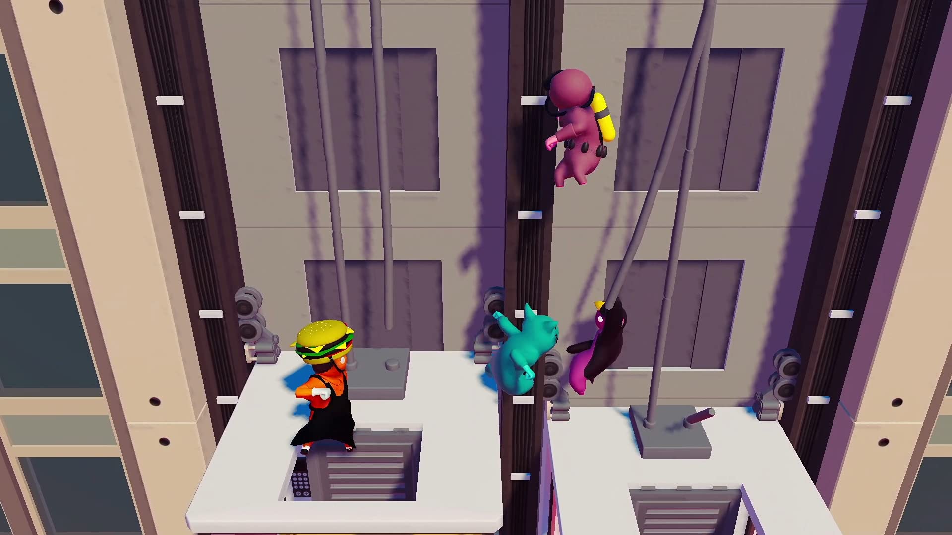 Screenshot of GANG BEASTS game for Nintendo Switch showing colorful cartoon characters battling in a chaotic arena.
