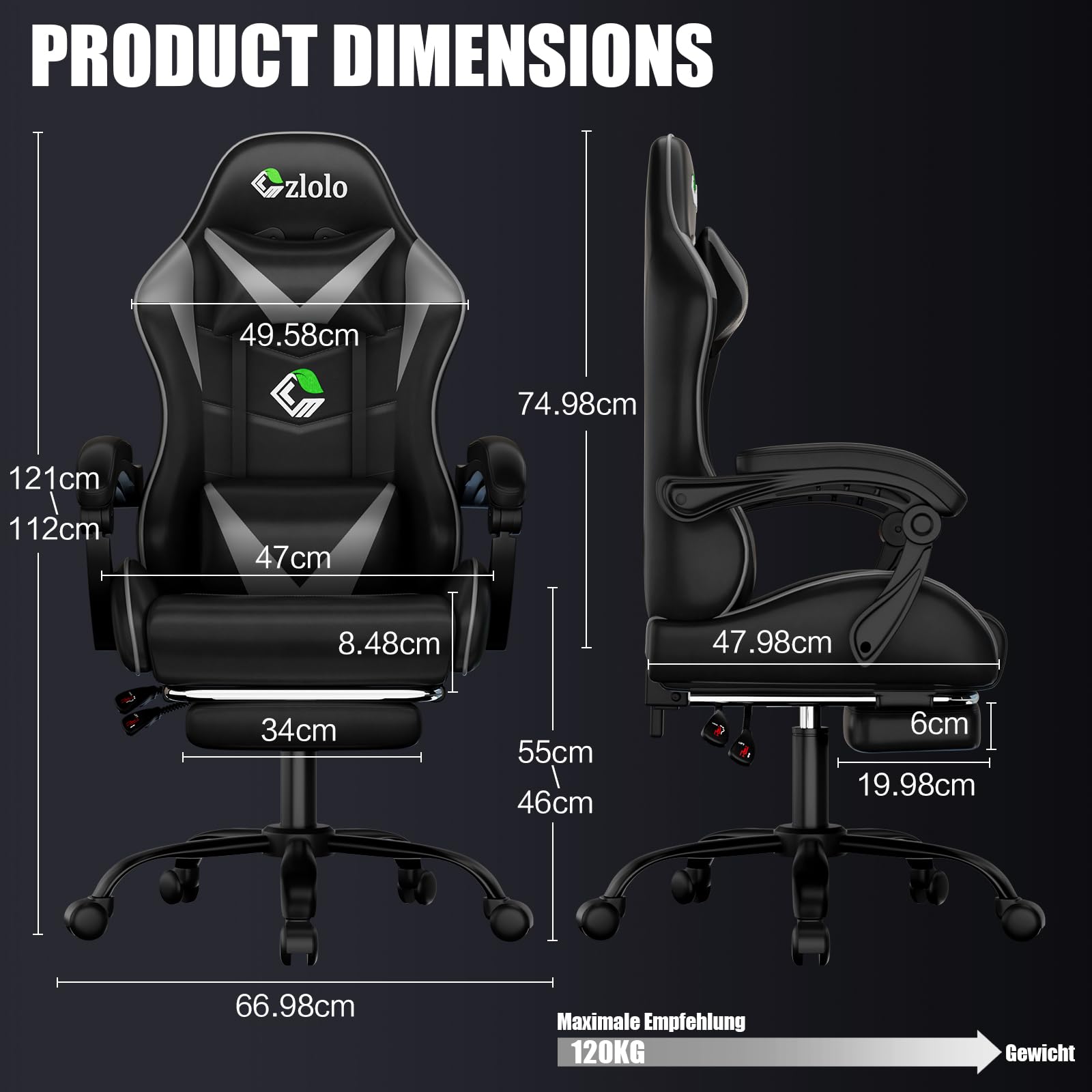 Grey Czlolo gaming chair with lumbar support, headrest, footrest, linkage armrests, and adjustable recline for gaming comfort