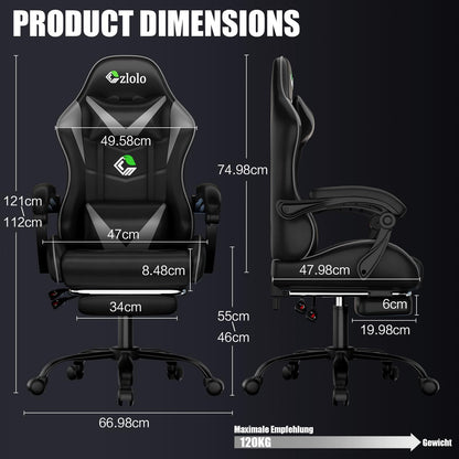 Grey Czlolo gaming chair with lumbar support, headrest, footrest, linkage armrests, and adjustable recline for gaming comfort