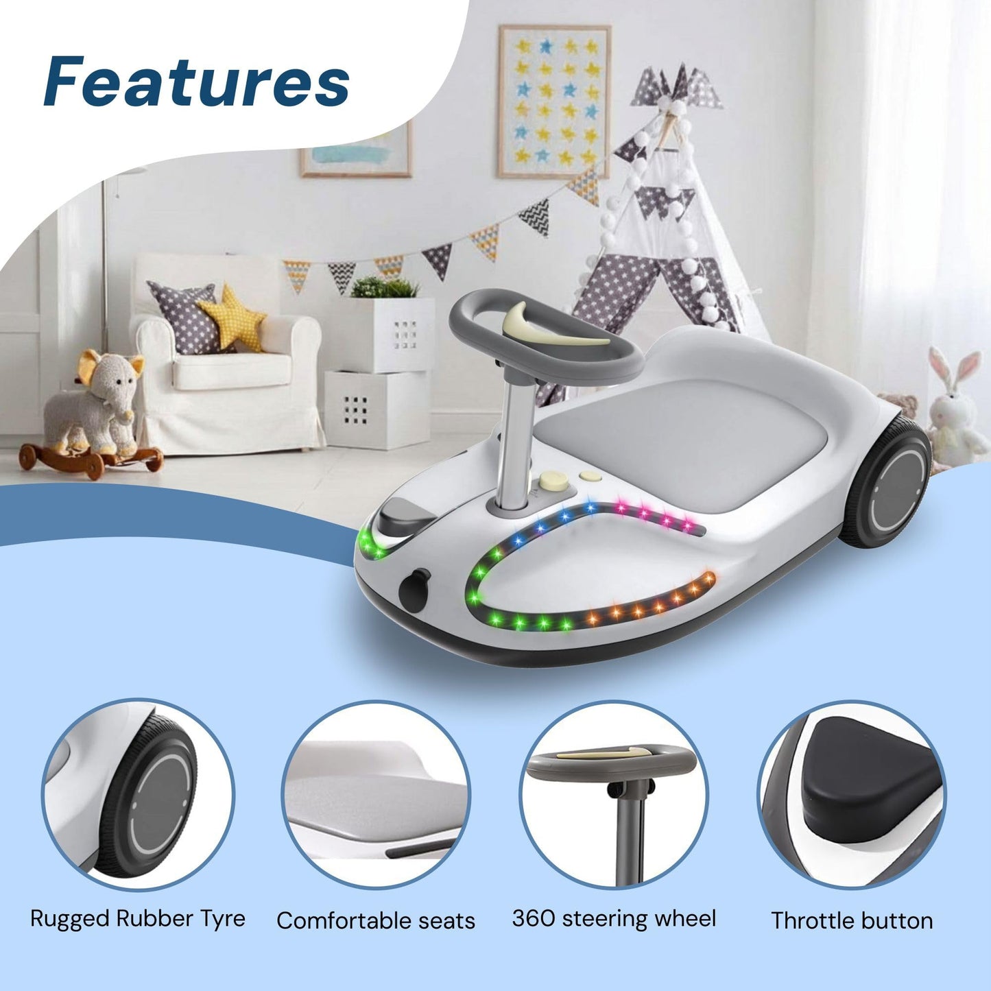 Hover-Pro Kids Electric Go Kart Wiggle Ride On Car with Bluetooth Speaker Disco LED Lights 100W Strong Motor for Indoor and Outdoor Sports 3 Adjustable Speeds Portable Scooter For Kids Ages 4-7
