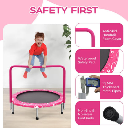 GYMAX Kids Trampoline with Handle, 36’’ Foldable Rebounder, Protective Cover, Outdoor Indoor Mini Trampolines for Children, Max Weight 150kg (Pink)