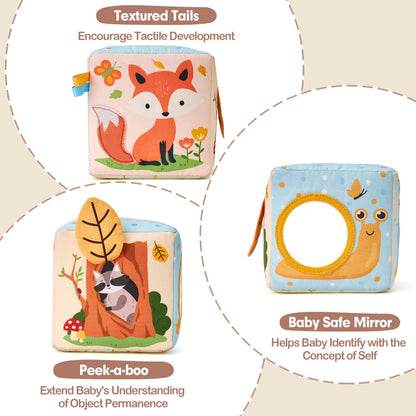 hahaland baby tissue box toy with colorful tissues, designed for sensory play for infants 6-12 months old.