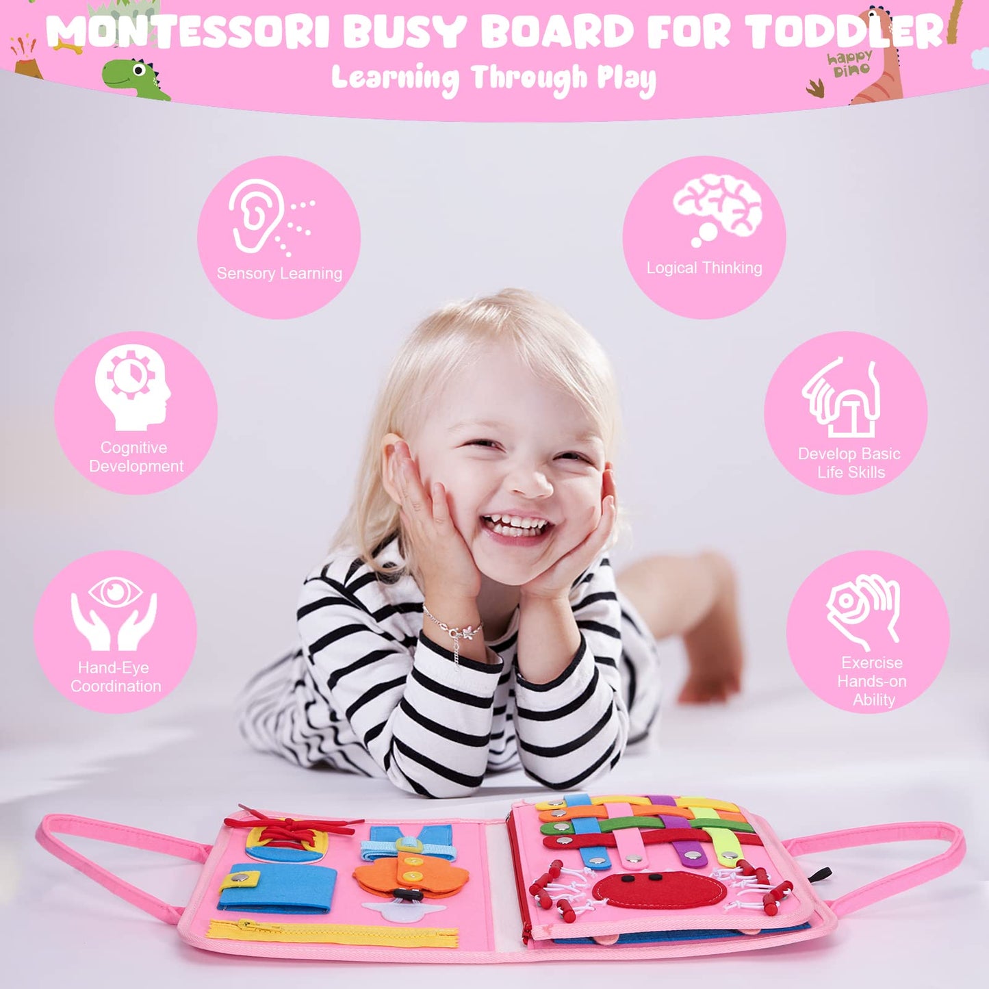 Colorful Montessori sensory busy board for toddlers featuring car, airplane, and activity toys to develop fine motor skills.