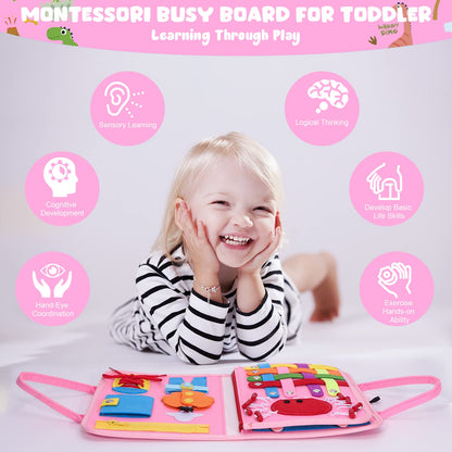 Colorful Montessori sensory busy board for toddlers featuring car, airplane, and activity toys to develop fine motor skills.