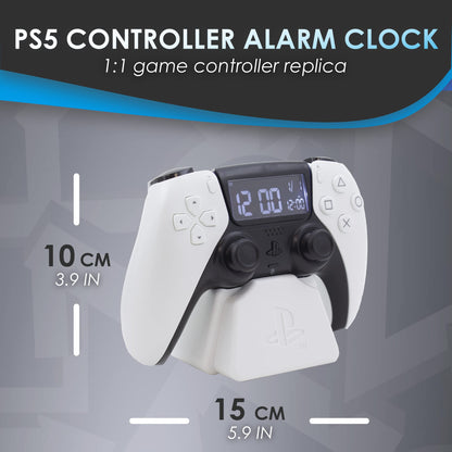 White PlayStation PS5 controller alarm clock by Paladone, featuring digital display with date, perfect for gamers and bedroom decor.