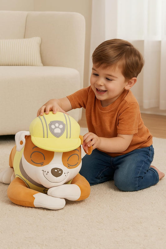 Paw Patrol Rubble Calm Cuddly Plush Toy - 48cm Sleepy Weighted Pup Character for Bedtime Calming & Snuggles - Hand-Washable Official Licensed Paw Patrol Soft Toys for Boys and Girls Aged 3+