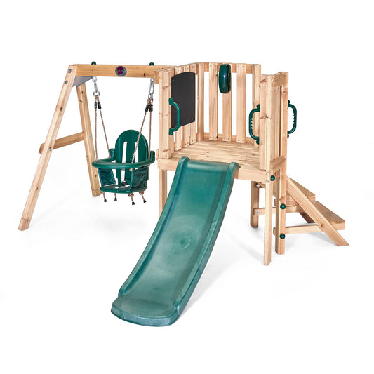 Plum Play Kids Outdoor Junior Activity Centre Swing and Slide Garden Multiplay Set for Climbing - Chalkboard, 4ft Slide, Baby Swing Seat - Children Toddlers 12 Months Plus