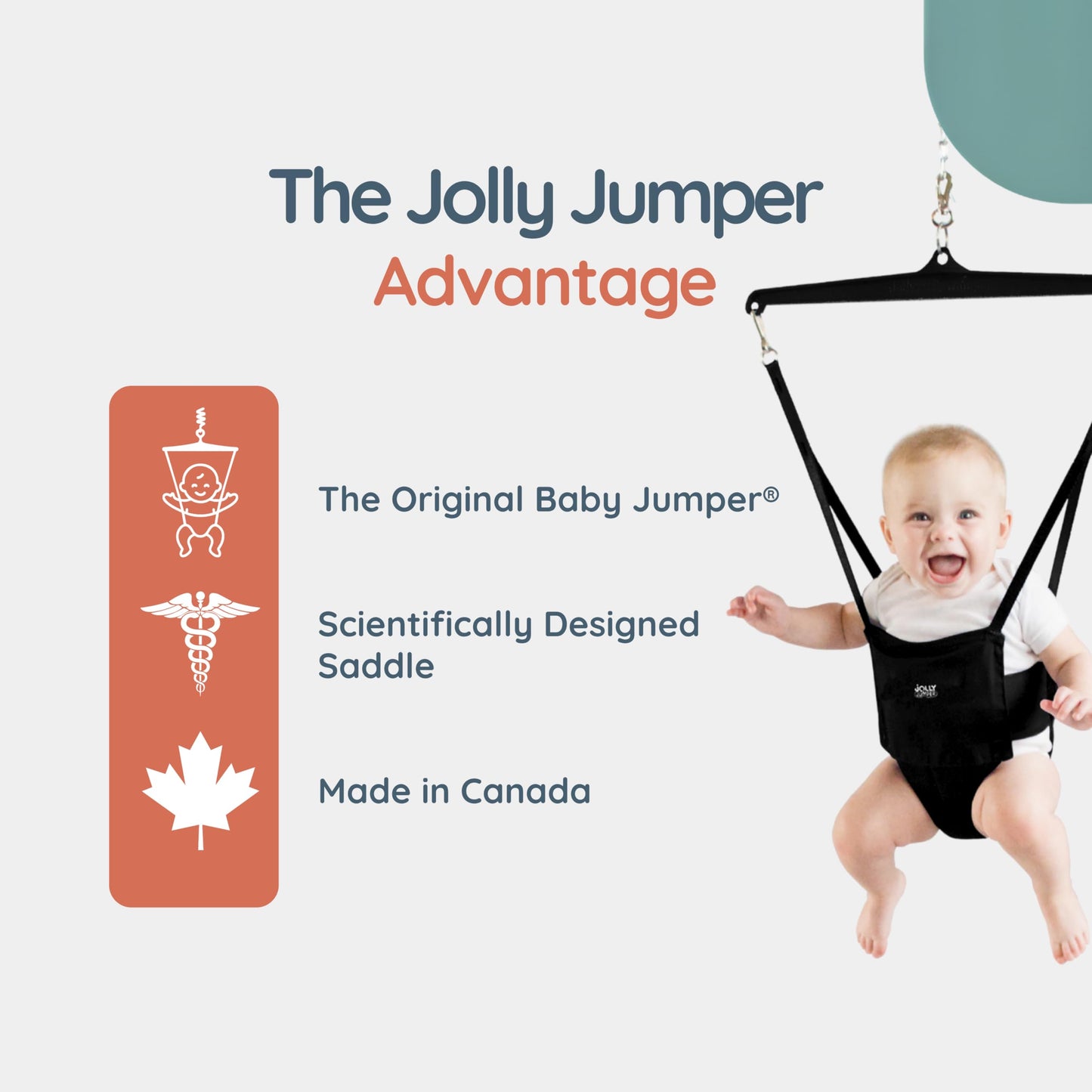 Baby exercising in The Original Jolly Jumper Baby Exerciser with door clamp, featuring colorful fabric and sturdy frame.