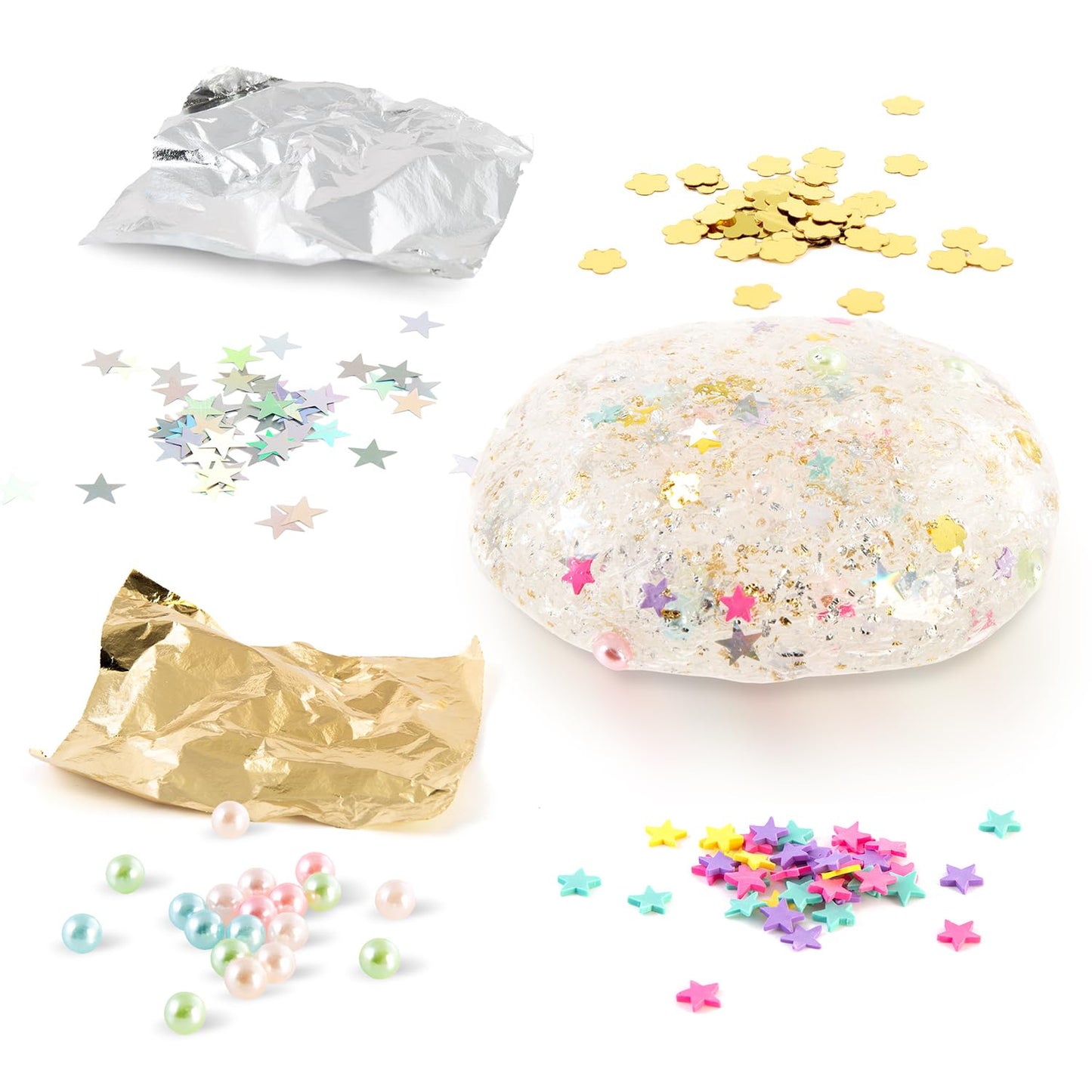 So Slime Glitzy Glitz & Glam slime pot with clear slime, metallic foil, and decorations for DIY slime crafting.