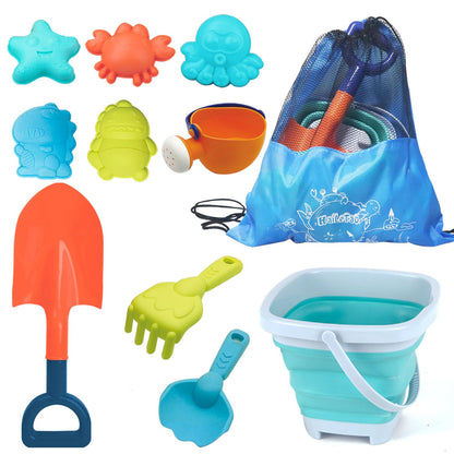 HaiLeTao beach toys set for kids includes a collapsible sand bucket, mesh bag, shovels, sand rake, animal and dinosaur molds, watering can.