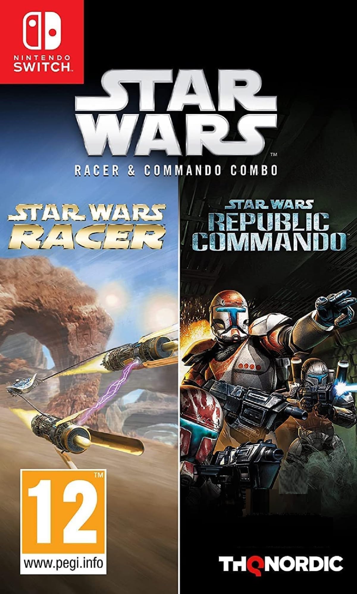 Star Wars Racer and Commando Combo game for Nintendo Switch, featuring characters from the Star Wars universe.