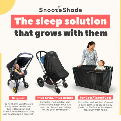 Black SnoozeShade Plus baby stroller sun shade cover blocking 99% UV, breathable blackout canopy for prams and travel strollers.