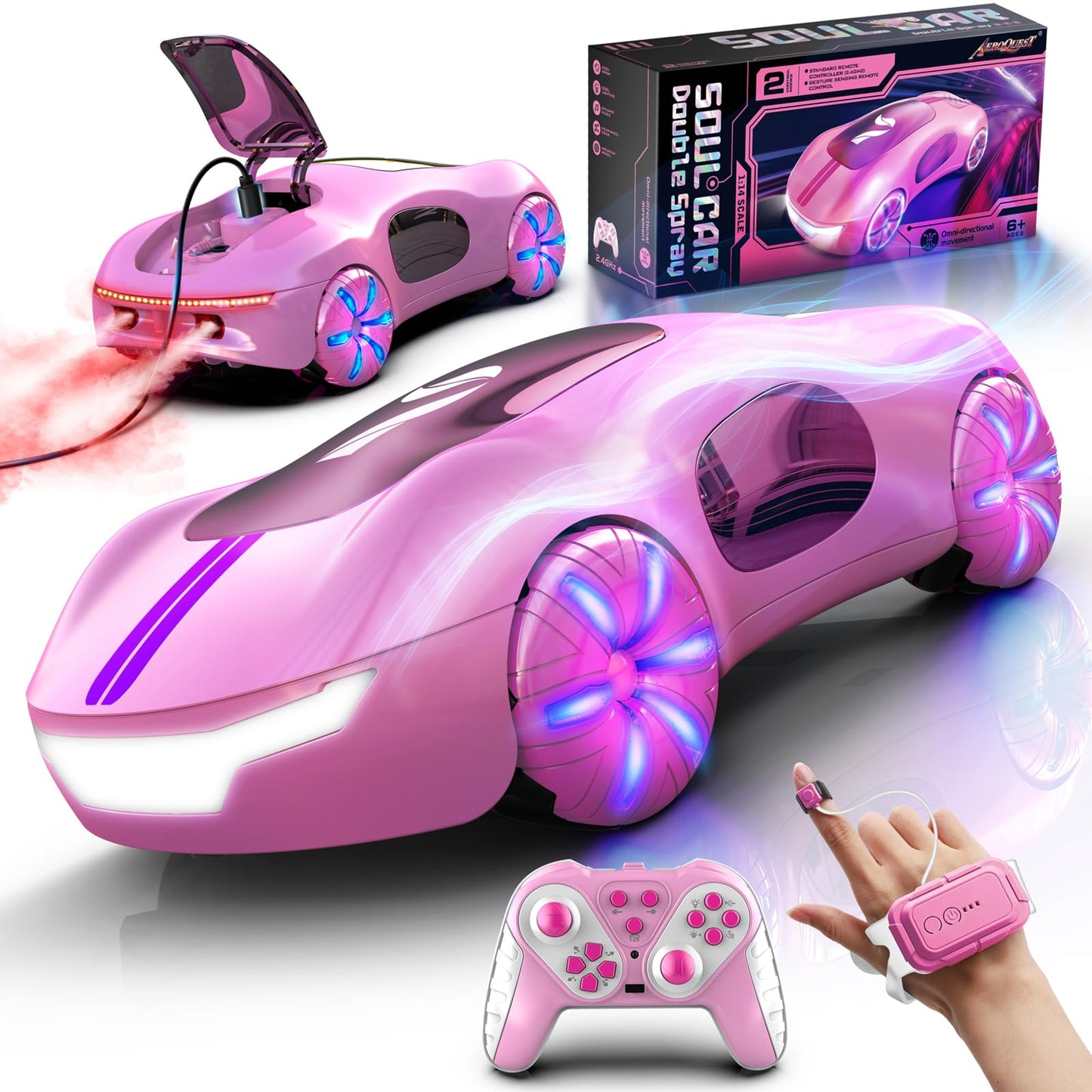 AEROQUEST remote control stunt car for kids with lights, spray, sound, gesture sensing, rechargeable 2.4GHz RC drift car for ages 6-10