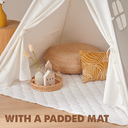 Tiny Land kids' teepee tent in raw white canvas with padded mat, light string, carry case, foldable design for indoor and outdoor play.