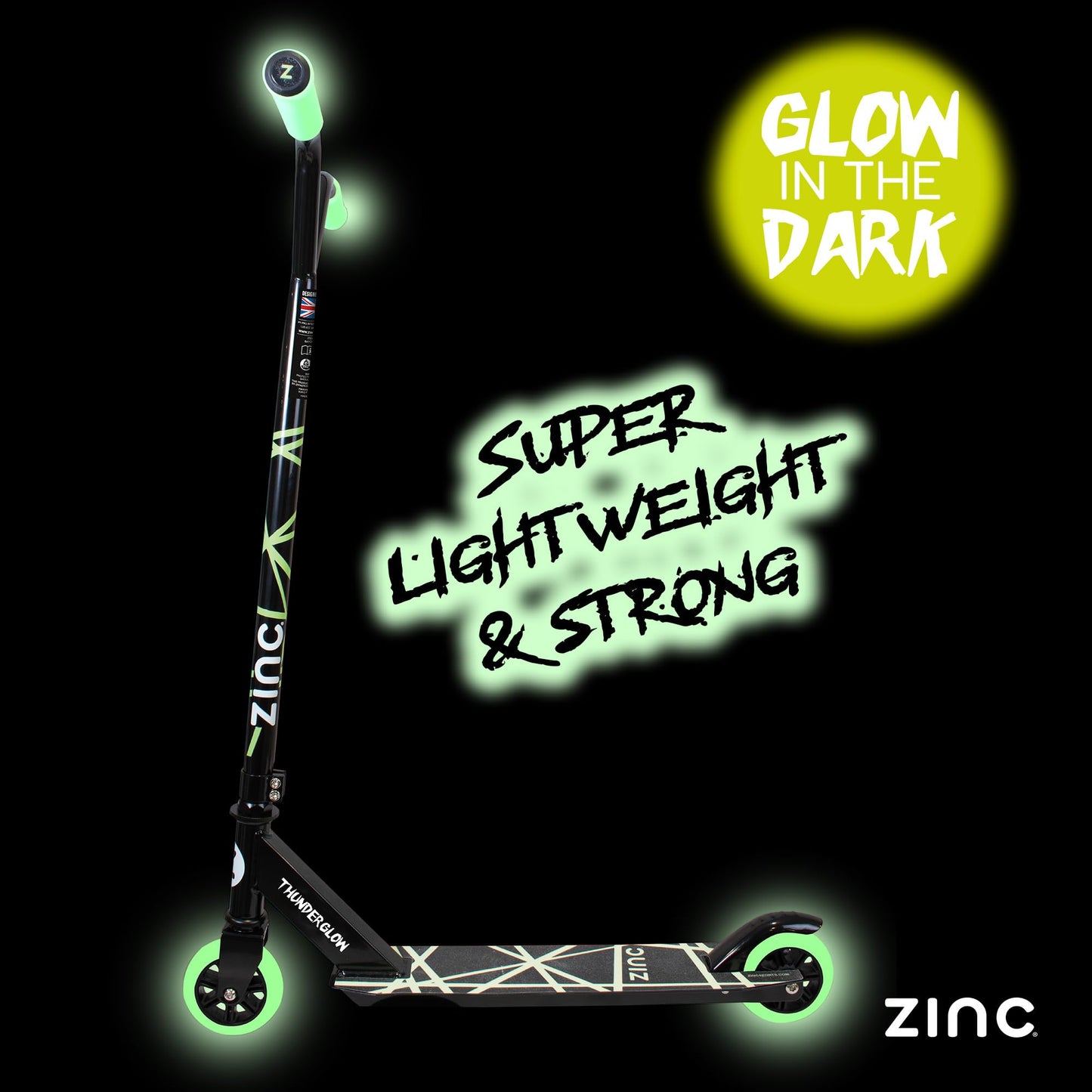 Zinc Thunderglow 2-Wheel Boys Stunt Scooter Age 8+ - Glow-in-the-Dark Pro Seagull Handlebar Design with ABEC-9 Bearings & 100mm PU Wheels - Smooth-Riding Tricks for Kids & Teens