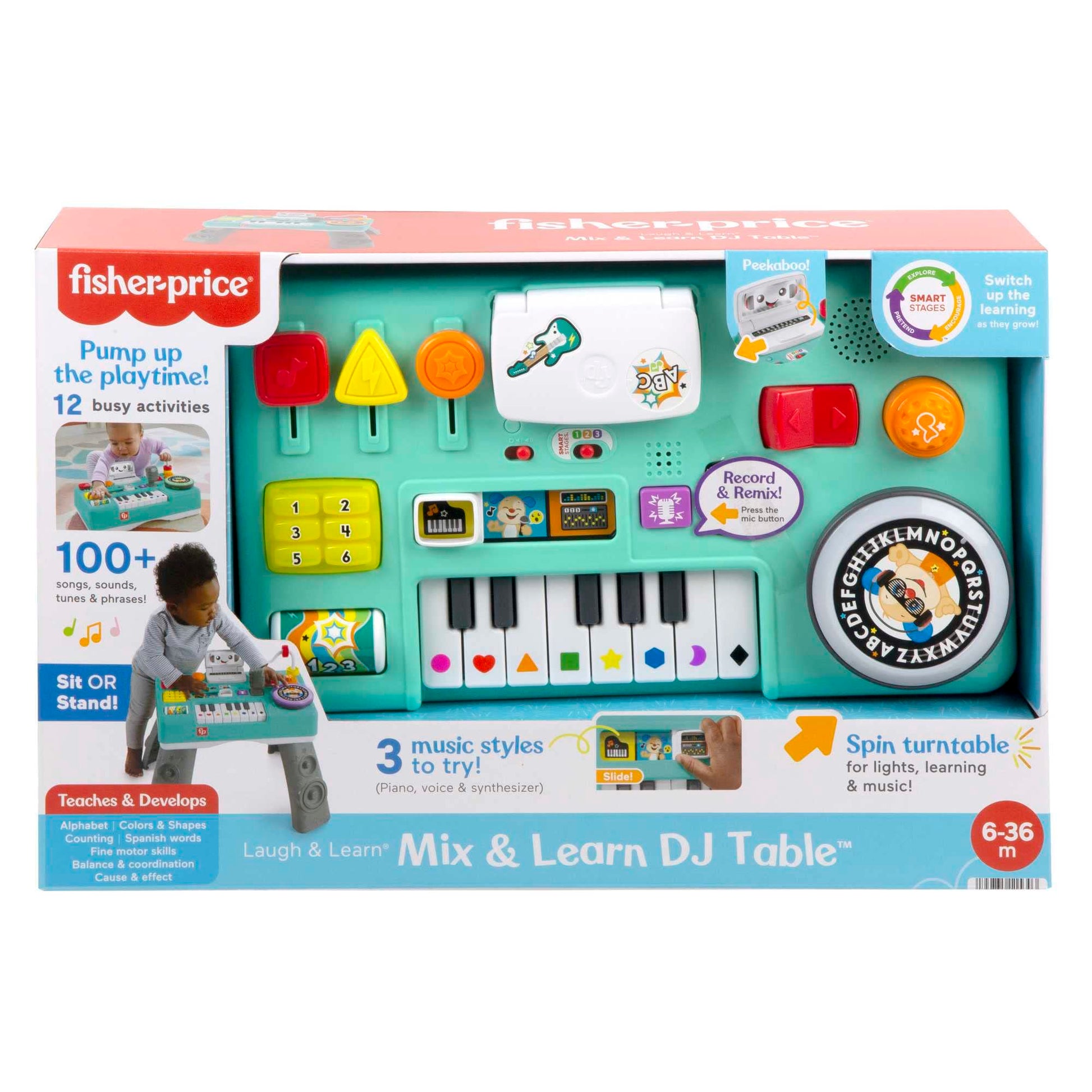 Fisher-Price Laugh & Learn Mix & Learn DJ Table for babies with colorful lights, buttons, and musical sounds in a German version.