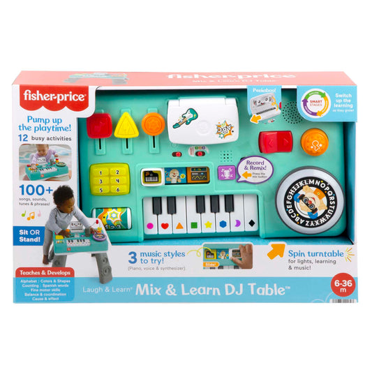 Fisher-Price Laugh & Learn Mix & Learn DJ Table for babies with colorful lights, buttons, and musical sounds in a German version.