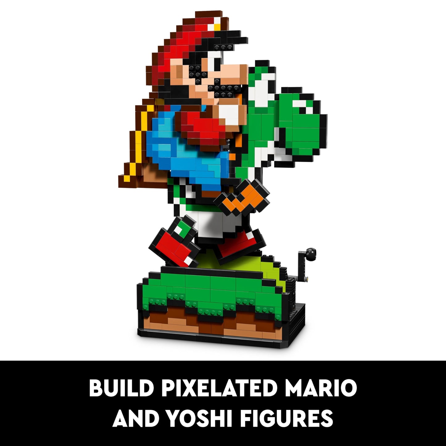 LEGO Super Mario World building set featuring Mario and Yoshi pixelated figures, ideal for home decor and collectible gaming display
