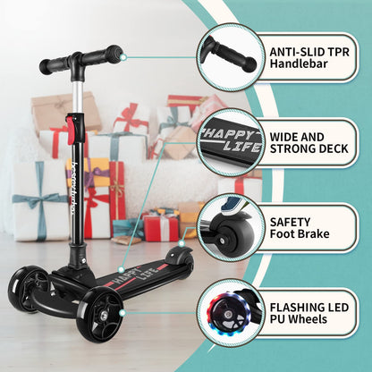 Besrey kids scooter with big wheels, flashing LED lights, foldable design, adjustable height, and three-wheel safety for children ages 3-10.
