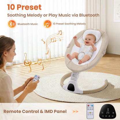 Cozydwells electric baby swing chair with beige fabric, Bluetooth, remote control, adjustable angles, and 5 swing speeds for infants.
